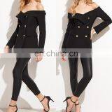 MIKA7099 Fashion Women Off-Shoulder Long Sleeve Fold Over Double Buttons Blazer