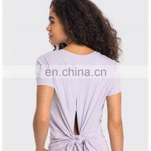 Quick Dry Cool Soft Sexy Back Hollow Out Boe Tie Short Sleeve Gym Top Loose Casual Women Workout Sports Fitness Walking Wear thumbnail-5