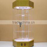 2017 Hexagon Roating Clear Acrylic Watch Table Display Box Stand Holder Case With LED and Lock thumbnail-1