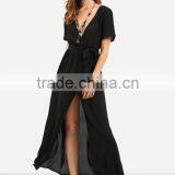 Woman Short Sleeve Black V Neck Tie Waist Chiffon Maxi Wrap Type Maxi Dress thumbnail-3