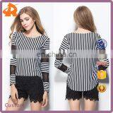 2017 Latest Fashion Women's Tee Shirt Korean Slim Vertical Stripes Stitching Female Blouse Shirt With Mesh Long Sleeve thumbnail-1