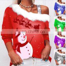 Factory Wholesale Women's One-shoulder Sexy Sweater T-shirt Loose Casual Sports Christmas Top Crop Ladies Jacket thumbnail-1