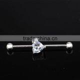 Tripple Prong Set Clear Heart Zircon 14G Cartilage Earring 1 & 1/2" Barbell With Round Ball Ends. thumbnail-1