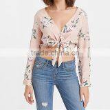 Maxnegio Flower Print V Neck Woman Blouse Ladies Crop Top thumbnail-2
