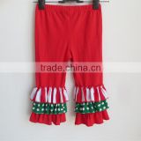 wholesale simple design girl's clothes baby red pants long pants with three ruffle Christmas pants