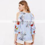 Frill Design Cold Shoulder Blue Stripe Top Ladies Floral Casual Blouse thumbnail-4