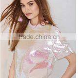 Ladies Pink Short Sleeve Loose European Style Fashion Paillette t Shirt thumbnail-1