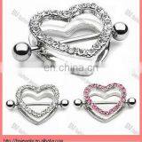 crystal heart shaped nipple ring piercing jewelry in stainless steel