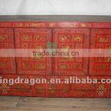 Chinese Antique Furniture Red& Golden Painting Three Drawer Four Foor Cabinet thumbnail-1