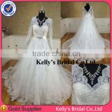 elegant V neck long sleeve lace muslim wedding dress with crystal belt