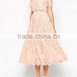 China Guangzhou clothing OEM Scalloped edges Round neckline Crop top Mesh insert Midi women dress