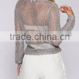 Long Sleeve Metallic Shiny Fancy Tops Summer Sexy Lady Tops thumbnail-4