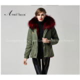 Professional winter Wine red raccoon collar fur liner warm army green jacket manufacturer woman for parka