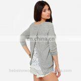 2015 Women Blouse Sweater Tulip Cross Dew Back Seam Round Neck Long Sleeve Lace Lining Stitching Gray Sweater thumbnail-1