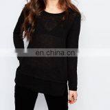 High Quality Woman Knit Long Sleeves Blouse in Black Color With Chiffon Hem thumbnail-1
