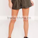 Custom Ladies Khaki Elasticated Waist Faux Leather Shorts thumbnail-4