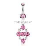 Hollow Pink CZ Paved Dangle Navel Belly Button Ring thumbnail-1