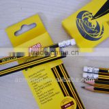 Standard size hexagonal shape black and yellow striped graphite HB pencil sharpened with eraser