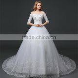MGOO Lace Trim Hem Beaded Empire Vintage Floor Length Off Shoulder Wedding Dress Bride Grown Long Sleeve thumbnail-3