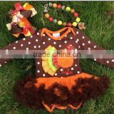 girls thanks giving brown white dot turkey baby romper with matching necklace,and hair bow set