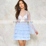 Violet Blue Sheer Tulle Layered Dresses With Embroidery Bell Sleeve Women Dress thumbnail-2