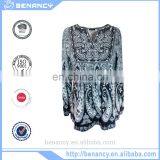 Stock Exotic Embroidery Long Sleeve Blouse Ethnic Paisley Printed Women Top