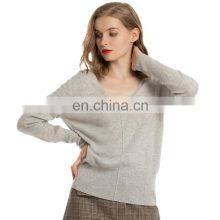 Women Plain Knit Classic V Neck Elastic Rib Cuff Cosy Cashmere Sweater thumbnail-1