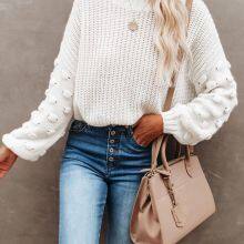 SW10 Women's Oversized Crewneck Sweater Batwing Puff Long Sleeve Cable Slouchy Pullover Jumper Tops thumbnail-2