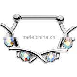 Pink/Aurora Gem Steel Rose Gold Plated Jagged Quartet Nipple Clicker thumbnail-3