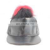 Custom Black Plain Lambskin Leather Snapback Cap With Fur Pom Pom thumbnail-2