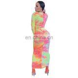 Autumn Women Tie Dye Print Long Sleeve Zipper Up Stacked Bodycon Midi Maxi Dress Streetwear Sexy Club Party Long Dresses thumbnail-6