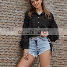 2020 свободный однотонный куртка для женщин из коричневой ткани с ламповыми рукавами и узким талией, в стиле мото-куртки thumbnail-3