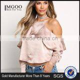 MGOO 2017 Latest Designs Women Satin Blouses Tops Plain Fashion Off Shoulder Crop Custom Ruffles Shirts thumbnail-1