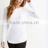 100% Cotton Long Sleeves t Shirt Women Curved-hem Pocket t Shirts Wholesale thumbnail-2