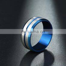 Men's Fashion 8MM Silver Brushed Ladder Edge Stainless Steel Ring Blue Groove Matte Men Wedding Ring thumbnail-2
