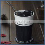 Modern Simple Ceramic Travel Coffee Mug With Silicone Sleeve and Lid thumbnail-2