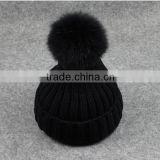 Custom acrylic cheap knitted beanies free sample pom pom beanie with fur ball