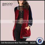 MGOO Burgundy Contrast Raglan Sleeve Velvet Longline Button Bomber Jacket With Striped Trim thumbnail-1