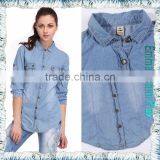 Soft Smooth Breathable Light Blue Color Fade Protected Enzyme Bleaching Washed Combed Cotton Lady's Denim Long Sleeve Shirts thumbnail-6