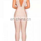Amigo 2017 Fashion Beige Sleeveless Deep V Neck Low-cut Backless Bandage Evening Jumpsuits for Women thumbnail-3