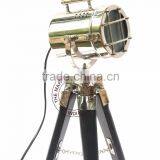 NAUTICAL SPOTLIGHT LAMP ON STAND - NICKEL PLATED SEARCHLIGHT ON WOODEN BLACK TRIPOD STAND thumbnail-4