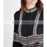 Wholesale Women High Neck Long Sleeves Buttoned Cuffs Geometric Embroidery Crepe Shirt(DQE0163T) thumbnail-5