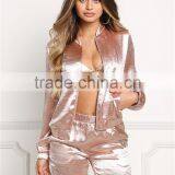 MGOO 2017 High Quality Custom 100% Satin Shiny Bomber Jackets For Women Tracksuits Women Crepe Tops Coat thumbnail-2