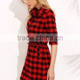 Summer Red Plaid Drawstring Waist Shirt Dress Cotton Blends Long Sleeve Curved Hem Casual Collar Shirt Dress thumbnail-3