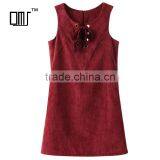 A-Line Dark Red Lace up Round Collar Sleeveless Mini Corduroy Dress thumbnail-1