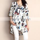 Best Sellers Women Tops With White Floral V-Neck Puff Sleeve Tunic Women Flower Blouse Women Wear GD90426-42