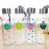 wholesale New items transparent animal fashionable portable water glass bottle with Stainless Steel lid