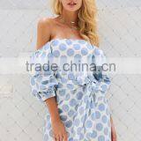 Boat Neck Partysu Off-the-shoulder Wave Points Bubble Sleeves Bow Tie Slim Sexy Woman Dress thumbnail-2