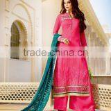 Pink Color Long Straight Cut Bottom Zari Embroidery Border Designer Semi Stitch Salwar Kameez thumbnail-1