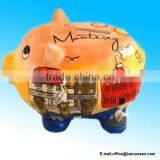 Hand Painted Puff Pink Yellow Piggy Bank thumbnail-1